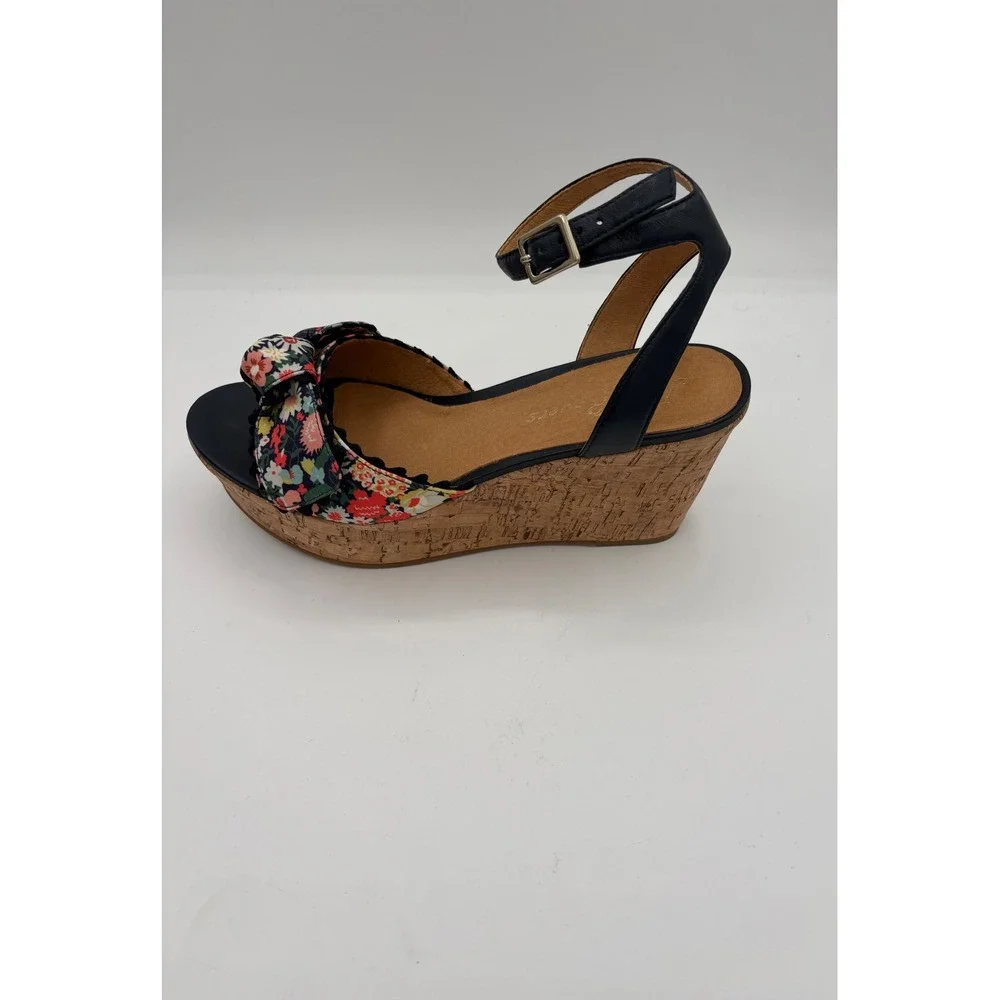Jack Rogers Floral‎ Cork Wedge Sandals Navy Blue Leather Ankle Strap Platform 10
